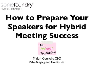 How to Prepare Your
Speakers for Hybrid
  Meeting Success
             An

              Production
        Midori Connolly, CEO
     Pulse Staging and Events, Inc.
 