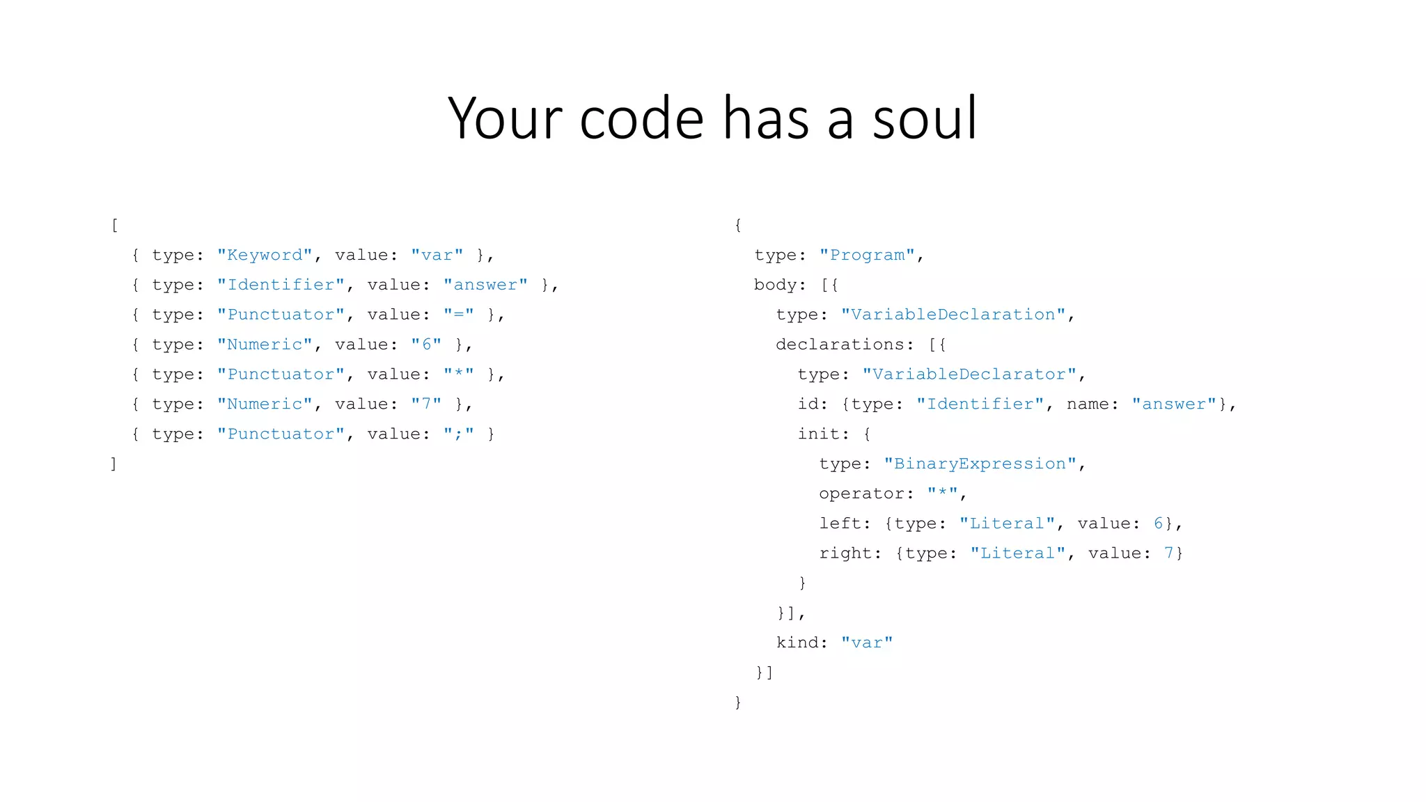 Your code has a soul 
[ 
{ type: "Keyword", value: "var" }, 
{ type: "Identifier", value: "answer" }, 
{ type: "Punctuator", value: "=" }, 
{ type: "Numeric", value: "6" }, 
{ type: "Punctuator", value: "*" }, 
{ type: "Numeric", value: "7" }, 
{ type: "Punctuator", value: ";" } 
] 
{ 
type: "Program", 
body: [{ 
type: "VariableDeclaration", 
declarations: [{ 
type: "VariableDeclarator", 
id: {type: "Identifier", name: "answer"}, 
init: { 
type: "BinaryExpression", 
operator: "*", 
left: {type: "Literal", value: 6}, 
right: {type: "Literal", value: 7} 
} 
}], 
kind: "var" 
}] 
} 
 