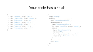 Your code has a soul 
[ 
{ type: "Keyword", value: "var" }, 
{ type: "Identifier", value: "answer" }, 
{ type: "Punctuator", value: "=" }, 
{ type: "Numeric", value: "6" }, 
{ type: "Punctuator", value: "*" }, 
{ type: "Numeric", value: "7" }, 
{ type: "Punctuator", value: ";" } 
] 
{ 
type: "Program", 
body: [{ 
type: "VariableDeclaration", 
declarations: [{ 
type: "VariableDeclarator", 
id: {type: "Identifier", name: "answer"}, 
init: { 
type: "BinaryExpression", 
operator: "*", 
left: {type: "Literal", value: 6}, 
right: {type: "Literal", value: 7} 
} 
}], 
kind: "var" 
}] 
} 
 
