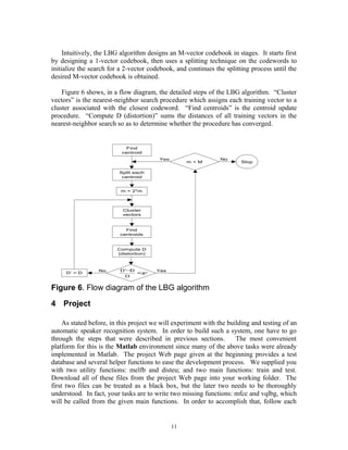 Intuitively, the LBG algorithm designs an M-vector codebook in stages. It starts first
by designing a 1-vector codebook, then uses a splitting technique on the codewords to
initialize the search for a 2-vector codebook, and continues the splitting process until the
desired M-vector codebook is obtained.
Figure 6 shows, in a flow diagram, the detailed steps of the LBG algorithm. “Cluster
vectors” is the nearest-neighbor search procedure which assigns each training vector to a
cluster associated with the closest codeword. “Find centroids” is the centroid update
procedure. “Compute D (distortion)” sums the distances of all training vectors in the
nearest-neighbor search so as to determine whether the procedure has converged.
Find
centroid
Split each
centroid
Cluster
vectors
Find
centroids
Compute D
(distortion)
ε<
−
D
D'D
Stop
D’ = D
m = 2*m
No
Yes
Yes
No
m < M
Figure 6. Flow diagram of the LBG algorithm
4 Project
As stated before, in this project we will experiment with the building and testing of an
automatic speaker recognition system. In order to build such a system, one have to go
through the steps that were described in previous sections. The most convenient
platform for this is the Matlab environment since many of the above tasks were already
implemented in Matlab. The project Web page given at the beginning provides a test
database and several helper functions to ease the development process. We supplied you
with two utility functions: melfb and disteu; and two main functions: train and test.
Download all of these files from the project Web page into your working folder. The
first two files can be treated as a black box, but the later two needs to be thoroughly
understood. In fact, your tasks are to write two missing functions: mfcc and vqlbg, which
will be called from the given main functions. In order to accomplish that, follow each
11
 