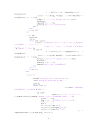 t = 0:1/fstr{ch2}:(length(str{ch2}) -
1)/fstr{ch2};
plot(t, str{ch2}), axis([0, (length(str{ch2}) -
1)/fstr{ch2} -0.4 0.5]);
st=sprintf('Plot of signal s%d.wav',ch2);
title(st);
xlabel('Time [s]');
ylabel('Amplitude (normalized)')
end
end
close all
end
if ch23==2
poss2=9;
ch2=0;
while ch2~=poss2
ch2=menu('Technical data of samples for :','Signal
1','Signal 2','Signal 3',...
'Signal 4','Signal 5','Signal 6','Signal
7','Signal 8','Exit');
if ch2~=9
t = 0:1/fste{ch2}:(length(ste{ch2}) -
1)/fste{ch2};
plot(t, ste{ch2}), axis([0, (length(ste{ch2}) -
1)/fste{ch2} -0.4 0.5]);
st=sprintf('Plot of signal s%d.wav',ch2);
title(st);
xlabel('Time [s]');
ylabel('Amplitude (normalized)')
end
end
close all
end
if ch23==3
if (exist('sound_database.dat','file')==2)
load('sound_database.dat','-mat');
ch32=0;
while ch32 ~=2
ch32=menu('Database
Information','Database','Exit');
if ch32==1
st=strcat('Sound Database has :
#',num2str(sound_number),'words. Enter a database number : #');
prompt = {st};
dlg_title = 'Database Information';
num_lines = 1;
def = {'1'};
options.Resize='on';
options.WindowStyle='normal';
options.Interpreter='tex';
an =
inputdlg(prompt,dlg_title,num_lines,def);
18
 