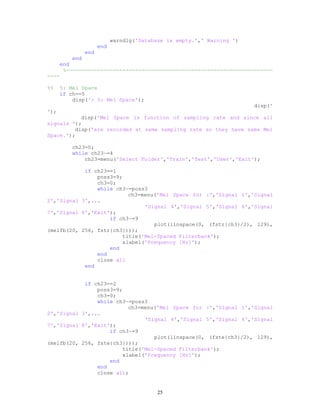 warndlg('Database is empty.',' Warning ')
end
end
end
end
%------------------------------------------------------------------
----
%% 5: Mel Space
if ch==5
disp('> 5: Mel Space');
disp('
');
disp('Mel Space is function of sampling rate and since all
signals ');
disp('are recorded at same sampling rate so they have same Mel
Space.');
ch23=0;
while ch23~=4
ch23=menu('Select Folder','Train','Test','User','Exit');
if ch23==1
poss3=9;
ch3=0;
while ch3~=poss3
ch3=menu('Mel Space for :','Signal 1','Signal
2','Signal 3',...
'Signal 4','Signal 5','Signal 6','Signal
7','Signal 8','Exit');
if ch3~=9
plot(linspace(0, (fstr{ch3}/2), 129),
(melfb(20, 256, fstr{ch3})));
title('Mel-Spaced Filterbank');
xlabel('Frequency [Hz]');
end
end
close all
end
if ch23==2
poss3=9;
ch3=0;
while ch3~=poss3
ch3=menu('Mel Space for :','Signal 1','Signal
2','Signal 3',...
'Signal 4','Signal 5','Signal 6','Signal
7','Signal 8','Exit');
if ch3~=9
plot(linspace(0, (fste{ch3}/2), 129),
(melfb(20, 256, fste{ch3})));
title('Mel-Spaced Filterbank');
xlabel('Frequency [Hz]');
end
end
close all;
25
 