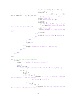 z = m * abs(frames(1:n2, :)).^2;
tm = length(s) / fs;
subplot(121)
imagesc([0 tm], [0 fs/2],
abs(frames(1:n2, :)).^2), axis xy;
title('Power Spectrum unmodified');
xlabel('Time [s]');
ylabel('Frequency [Hz]');
colorbar;
subplot(122)
imagesc([0 tm], [0 20], z), axis xy;
title('Power Spectrum modified
through Mel Cepstrum filter');
xlabel('Time [s]');
ylabel('Number of Filter in Filter
Bank');
colorbar;
else
warndlg('Invalid Word ','Warning');
end
end
end
end
close all;
else
warndlg('Database is empty.',' Warning ')
end
end
end
end
%------------------------------------------------------------------
----
%% 7: 2D plot of accustic vectors
if ch==7
disp('> 7: 2D plot of accustic vectors');
ch23=0;
while ch23~=4
ch23=menu('Select Folder','Train','Test','User','Exit');
if ch23==1
poss3=3;
ch3=0;
while ch3~=poss3
ch3=menu('2D plot of accustic vectors
representation : ','1. One Signal',...
'2. Two Signal','3. Exit');
if ch3==1
ch31=0;
while ch31~=9
ch31=menu('2D plot of accustic vectors
for :','Signal 1','Signal 2','Signal 3',...
29
 