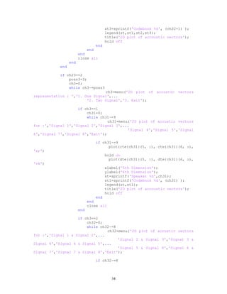 st3=sprintf('Codebook %d', (ch32+1) );
legend(st,st1,st2,st3);
title('2D plot of accoustic vectors');
hold off
end
end
end
close all
end
end
if ch23==2
poss3=3;
ch3=0;
while ch3~=poss3
ch3=menu('2D plot of accustic vectors
representation : ','1. One Signal',...
'2. Two Signal','3. Exit');
if ch3==1
ch31=0;
while ch31~=9
ch31=menu('2D plot of accustic vectors
for :','Signal 1','Signal 2','Signal 3',...
'Signal 4','Signal 5','Signal
6','Signal 7','Signal 8','Exit');
if ch31~=9
plot(cte{ch31}(5, :), cte{ch31}(6, :),
'xr')
hold on
plot(dte{ch31}(5, :), dte{ch31}(6, :),
'vk')
xlabel('5th Dimension');
ylabel('6th Dimension');
st=sprintf('Speaker %d',ch31);
st1=sprintf('Codebook %d', (ch31) );
legend(st,st1);
title('2D plot of accoustic vectors');
hold off
end
end
close all
end
if ch3==2
ch32=0;
while ch32~=8
ch32=menu('2D plot of accustic vectors
for :','Signal 1 & Signal 2',...
'Signal 2 & Signal 3','Signal 3 &
Signal 4','Signal 4 & Signal 5',...
'Signal 5 & Signal 6','Signal 6 &
Signal 7','Signal 7 & Signal 8','Exit');
if ch32~=8
34
 
