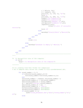 c = mfcc(s, fs);
d = vqlbg(c, 16);
plot(c(5, :), c(6, :), 'xr');
hold on
plot(d(5, :), d(6, :), 'vk');
xlabel('5th Dimension');
ylabel('6th Dimension');
st1=sprintf('Speaker %s',st);
st2=sprintf('Codebook %s',st);
legend(st1,st2);
title('2D plot of accoustic
vectors');
hold off
else
warndlg('Invalid Word ','Warning');
end
end
end
end
close all;
else
warndlg('Database is empty.',' Warning ')
end
end
end
end
%------------------------------------------------------------------
----
%% 9: Recognition rate of the computer
if ch==9
disp('> 9: Recognition rate of the computer')
%--------------------------------------------------------------
--------
%% 9.1 Loading from Test Folder for Comparison
% All 8 samples data values are loaded in file sounddatabase1.dat.
for sound_number = 1: 8
if size(ste{sound_number},2)==2
ste{sound_number}=ste{sound_number}(:,1);
end
ste{sound_number} = double( ste{sound_number} );
data{sound_number,1} = ste{sound_number};
data{sound_number,2} = sound_number;
st = sprintf('s%d.wav',sound_number);
data{sound_number,3} = st;
data{sound_number,4} = 'Test';
fs=fste{sound_number}; %#ok<NASGU>
nb=nbte{sound_number}; %#ok<NASGU>
if sound_number == 1;
save('sound_database1.dat','data','sound_number','fs','
nb');
else
36
 