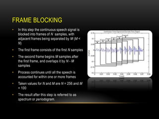 FRAME BLOCKING
•

In this step the continuous speech signal is
blocked into frames of N samples, with
adjacent frames being separated by M (M <
N)

•

The first frame consists of the first N samples

•

The second frame begins M samples after
the first frame, and overlaps it by N - M
samples

•

Process continues until all the speech is
accounted for within one or more frames

•

Taken values for N and M are N = 256 and M
= 100

•

The result after this step is referred to as
spectrum or periodogram.

 