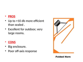 • PROS
• Up to +10 db more efficient
than sealed .
• Excellent for outdoor, very
large rooms.
• CONS
• Big enclosure.
• Poor off-axis response
 