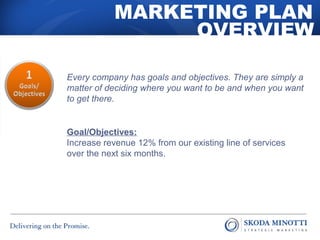 MARKETING PLAN 
OVERVIEW 
Every company has goals and objectives. They are simply a 
matter of deciding where you want to be and when you want 
to get there. 
Goal/Objectives: 
Increase revenue 12% from our existing line of services 
over the next six months. 
 