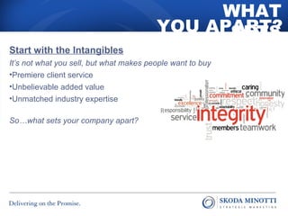 WHAT 
SETS 
YOU APART? 
Start with the Intangibles 
It’s not what you sell, but what makes people want to buy 
•Premiere client service 
•Unbelievable added value 
•Unmatched industry expertise 
So…what sets your company apart? 
R 
 