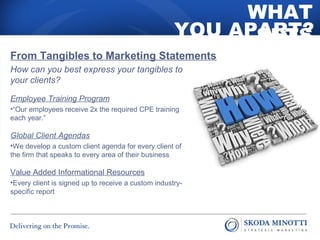 WHAT 
SETS 
YOU APART? 
From Tangibles to Marketing Statements 
How can you best express your tangibles to 
your clients? 
Employee Training Program 
•“Our employees receive 2x the required CPE training 
each year.” 
Global Client Agendas 
•We develop a custom client agenda for every client of 
the firm that speaks to every area of their business 
Value Added Informational Resources 
•Every client is signed up to receive a custom industry-specific 
report 
 