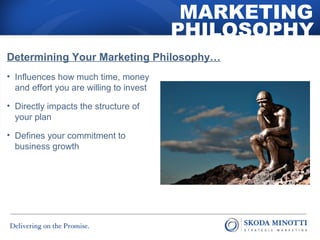 MARKETING 
PHILOSOPHY 
Determining Your Marketing Philosophy… 
• Influences how much time, money 
and effort you are willing to invest 
• Directly impacts the structure of 
your plan 
• Defines your commitment to 
business growth 
 