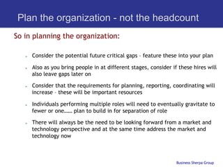 Plan the organization - not the headcount
So in planning the organization:

   Ø    Consider the potential future critical gaps – feature these into your plan

   Ø    Also as you bring people in at different stages, consider if these hires will
         also leave gaps later on

   Ø    Consider that the requirements for planning, reporting, coordinating will
         increase – these will be important resources

   Ø    Individuals performing multiple roles will need to eventually gravitate to
         fewer or one…… plan to build in for separation of role

   Ø    There will always be the need to be looking forward from a market and
         technology perspective and at the same time address the market and
         technology now



                                                                     Business Sherpa Group
 