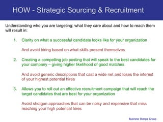 HOW - Strategic Sourcing & Recruitment
Understanding who you are targeting; what they care about and how to reach them
will result in:

    1.    Clarity on what a successful candidate looks like for your organization

          And avoid hiring based on what skills present themselves

    2.    Creating a compelling job posting that will speak to the best candidates for
          your company – giving higher likelihood of good matches

          And avoid generic descriptions that cast a wide net and loses the interest
          of your highest potential hires

    3.    Allows you to roll out an effective recruitment campaign that will reach the
          target candidates that are best for your organization

          Avoid shotgun approaches that can be noisy and expensive that miss
          reaching your high potential hires

                                                                       Business Sherpa Group
 