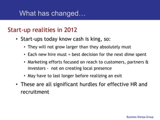 What has changed…

Start-up realities in 2012
  •  Start-ups today know cash is king, so:
     •  They will not grow larger than they absolutely must
     •  Each new hire must = best decision for the next dime spent
     •  Marketing efforts focused on reach to customers, partners &
        investors - not on creating local presence
     •  May have to last longer before realizing an exit
  •  These are all significant hurdles for effective HR and
     recruitment



                                                           Business Sherpa Group
 