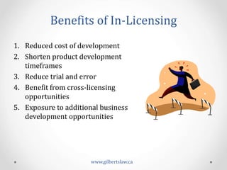 Beneits	
  of	
  In-­‐Licensing	
  
1.  Reduced	
  cost	
  of	
  development	
  
2.  Shorten	
  product	
  development	
  
timeframes	
  
3.  Reduce	
  trial	
  and	
  error	
  
4.  Beneit	
  from	
  cross-­‐licensing	
  
opportunities	
  
5.  Exposure	
  to	
  additional	
  business	
  
development	
  opportunities	
  
www.gilbertslaw.ca	
  
 