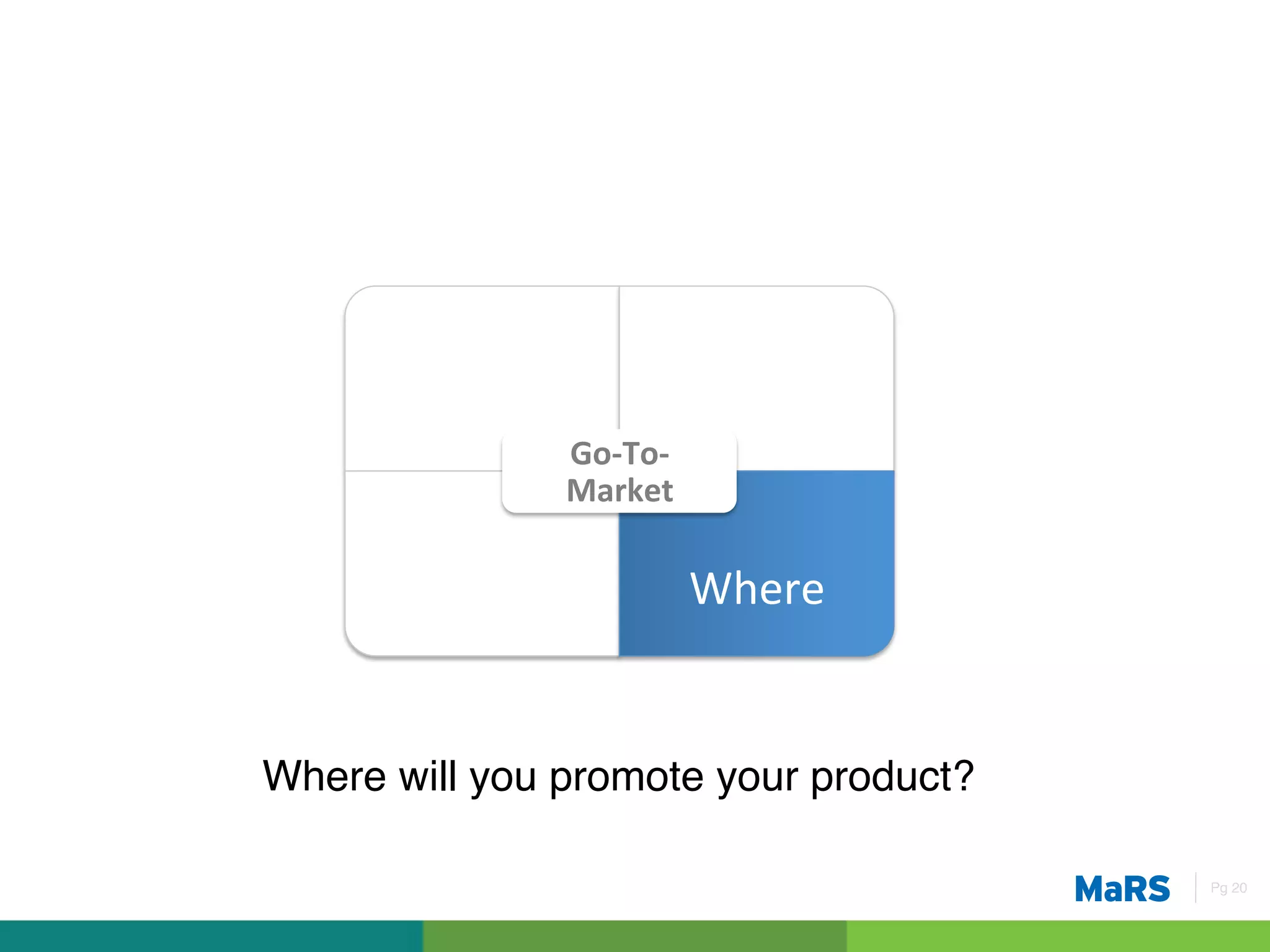 What	
                   Who	
  
                   Go-­‐To-­‐
                   Market	
  

        How	
                   Where	
  


Where will you promote your product?!

                                            Pg 20!
 