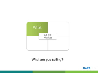 What	
                   Who	
  
           Go-­‐To-­‐
           Market	
  

 How	
                  Where	
  


What are you selling?!

                                    Pg 5!
 