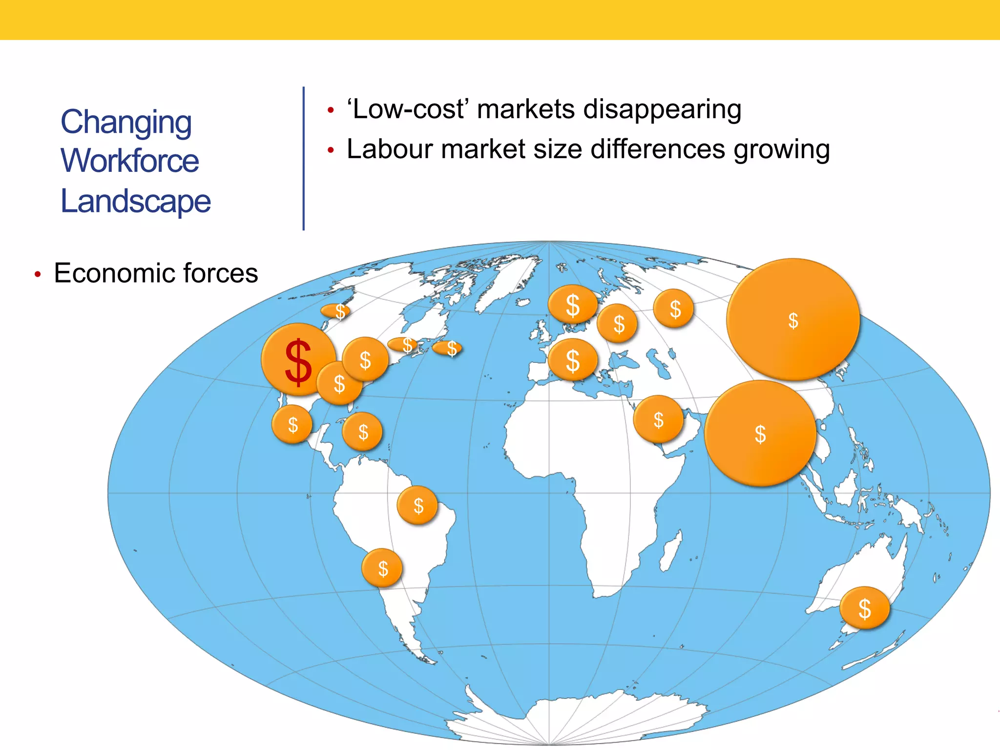 •  ‘Low-cost’ markets disappearing
  Changing
                         •  Labour market size differences growing
  Workforce
  Landscape

•  Economic forces
                         $                       $           $       $
                                                     $

                     $
                                     $       $
                             $                   $
                         $
                     $                                   $
                             $                                   $


                                         $


                                 $

                                                                         $
 
