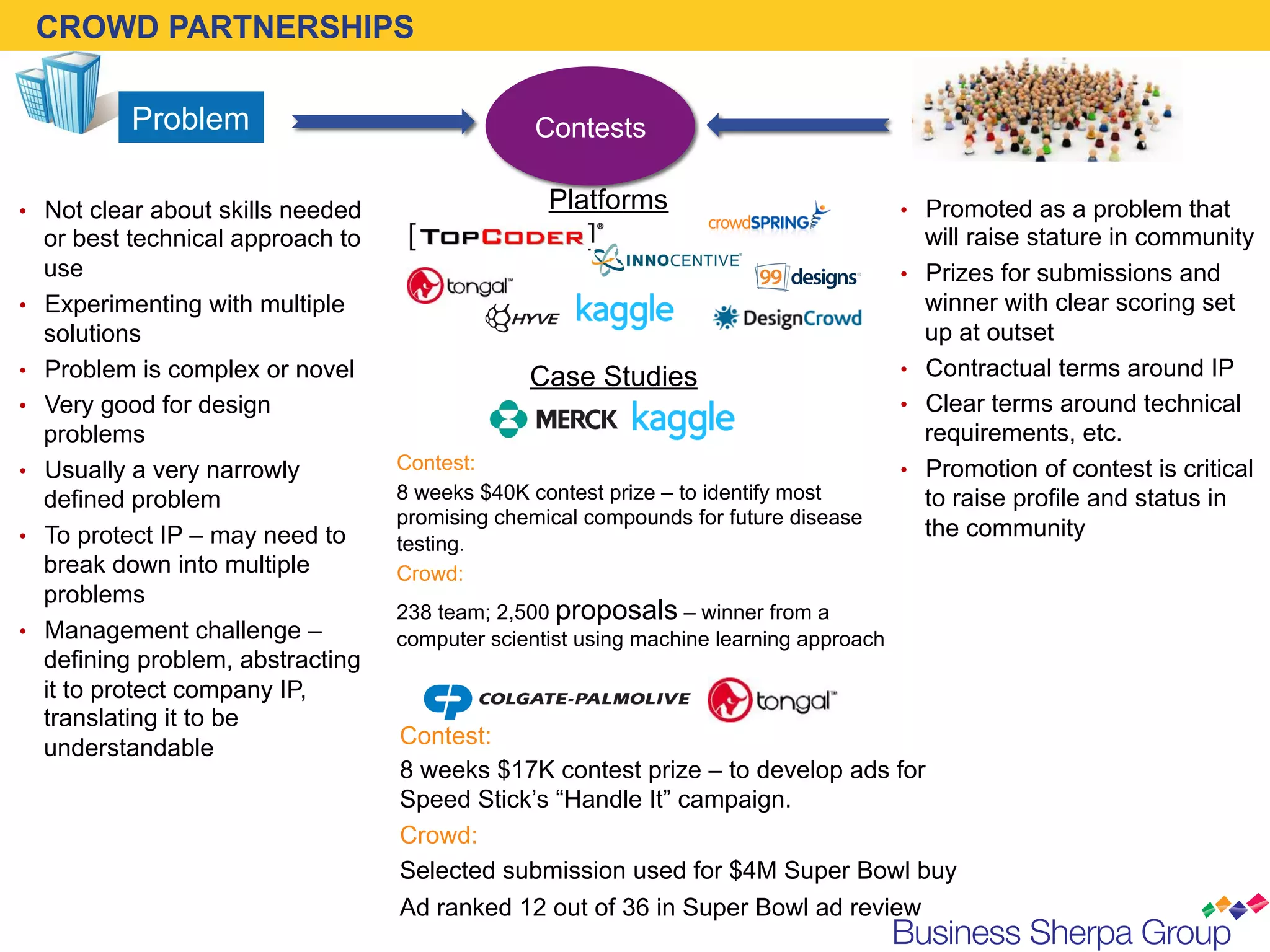 CROWD PARTNERSHIPS

             Problem                               Contests

•  Not clear about skills needed                    Platforms                             •  Promoted as a problem that
     or best technical approach to                                                             will raise stature in community
     use                                                                                  •    Prizes for submissions and
•    Experimenting with multiple                                                               winner with clear scoring set
     solutions                                                                                 up at outset
•    Problem is complex or novel                  Case Studies                            •    Contractual terms around IP
•    Very good for design                                                                 •    Clear terms around technical
     problems                                                                                  requirements, etc.
•    Usually a very narrowly         Contest:                                             •    Promotion of contest is critical
     defined problem                 8 weeks $40K contest prize – to identify most             to raise profile and status in
                                     promising chemical compounds for future disease
•    To protect IP – may need to                                                               the community
                                     testing.
     break down into multiple        Crowd:
     problems
                                     238 team; 2,500 proposals – winner from a
•    Management challenge –          computer scientist using machine learning approach
     defining problem, abstracting
     it to protect company IP,
     translating it to be
     understandable                  Contest:
                                     8 weeks $17K contest prize – to develop ads for
                                     Speed Stick’s “Handle It” campaign.
                                     Crowd:
                                     Selected submission used for $4M Super Bowl buy
                                     Ad ranked 12 out of 36 in Super Bowl ad review
 