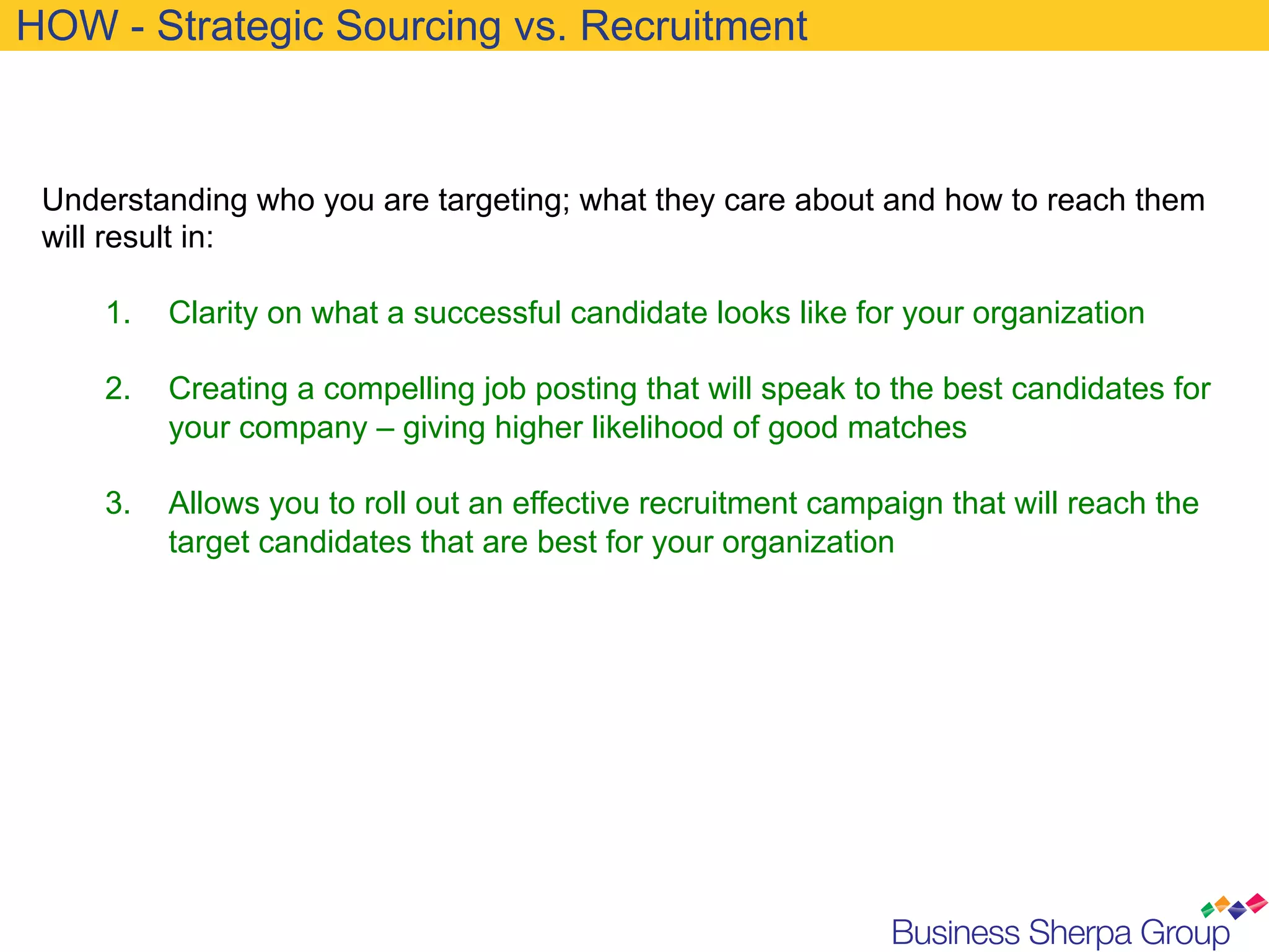 HOW - Strategic Sourcing vs. Recruitment



 Understanding who you are targeting; what they care about and how to reach them
 will result in:

     1.    Clarity on what a successful candidate looks like for your organization

     2.    Creating a compelling job posting that will speak to the best candidates for
           your company – giving higher likelihood of good matches

     3.    Allows you to roll out an effective recruitment campaign that will reach the
           target candidates that are best for your organization
 