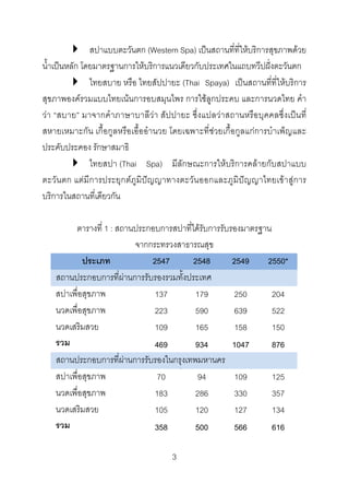 สปาแบบตะวันตก (Western Spa) เปนสถานที่ที่ใหบริการสุขภาพดวย
น้ําเปนหลัก โดยมาตรฐานการใหบริการแนวเดียวกับประเทศในแถบทวีปฝงตะวันตก
ไทยสบาย หรือ ไทยสัปปายะ (Thai Spaya) เปนสถานที่ที่ใหบริการ
สุขภาพองครวมแบบไทยเนนการอบสมุนไพร การใชลูกประคบ และการนวดไทย คํา
วา “สบาย” มาจากคําภาษาบาลีวา สัปปายะ ซึ่งแปลวาสถานหรือบุคคลซึ่งเปนที่
สหายเหมาะกัน เกื้อกูลหรือเอื้ออํานวย โดยเฉพาะที่ชวยเกื้อกูลแกการบําเพ็ญและ
ประคับประคอง รักษาสมาธิ
ไทยสปา (Thai Spa) มีลักษณะการใหบริการคลายกับสปาแบบ
ตะวันตก แตมีการประยุกตภูมิปญญาทางตะวันออกและภูมิปญญาไทยเขาสูการ
บริการในสถานที่เดียวกัน
ตารางที่ 1 : สถานประกอบการสปาที่ไดรับการรับรองมาตรฐาน
จากกระทรวงสาธารณสุข
ประเภท
2547
2548
2549
2550*
สถานประกอบการที่ผานการรับรองรวมทั้งประเทศ
สปาเพื่อสุขภาพ
137
179
250
204
นวดเพื่อสุขภาพ
223
590
639
522
นวดเสริมสวย
109
165
158
150
รวม
469
934
1047
876
สถานประกอบการที่ผานการรับรองในกรุงเทพมหานคร
สปาเพื่อสุขภาพ ่
70 ้ 94
109
125
นวดเพื่อสุขภาพ
183
286
330
357
นวดเสริมสวย
105
120
127
134
รวม
358
500
566
616
3 

 