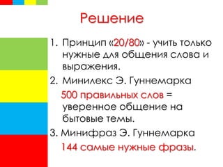 Решение
1. Принцип «20/80» - учить только
нужные для общения слова и
выражения.
2. Минилекс Э. Гуннемарка
500 правильных слов =
уверенное общение на
бытовые темы.
3. Минифраз Э. Гуннемарка
144 самые нужные фразы.
 