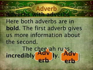 Adverbs with adverbs
Here both adverbs are in
bold. The first adverb gives
us more information about
the second.
      The cheetah runs
           Adv
            Adv
incredibly quickly. Adv
                     Adv
           erb
           erb       erb
                     erb
 