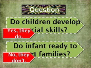 Do children develop
 Do children develop
      social skills?
       social skills?
Yes, they
Yes, they
  do.
  do.
 Do infant ready to
  Do infant ready to
     start families?
     start families?
No, they
No, they
 don’t.
 don’t.
 