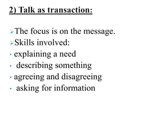 The focus is on the message.
Skills involved:
• explaining a need
• describing something
• agreeing and disagreeing
• asking for information
 