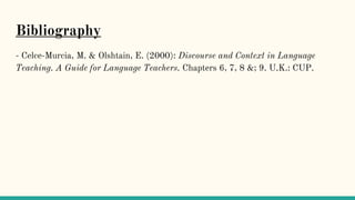 Bibliography
- Celce-Murcia, M. & Olshtain, E. (2000): Discourse and Context in Language
Teaching. A Guide for Language Teachers. Chapters 6, 7, 8 &; 9. U.K.: CUP.
 