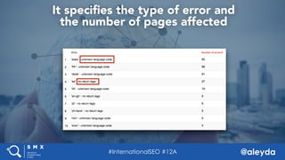 @aleyda#SMX West @aleyda
It speciﬁes the type of error and  
the number of pages affected
#InternationalSEO #12A
 
