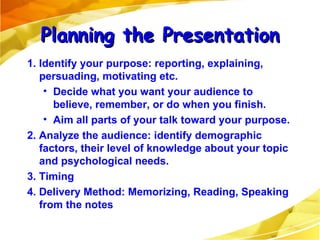 <ul><li>1. Identify your purpose: reporting, explaining, persuading, motivating etc. </li></ul><ul><ul><li>Decide what you...
