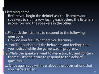 Listening game:  Before you begin the debrief ask the listeners and speakers to sit in a row facing each other, the listeners in one row and the speakers in the other.  1.First ask the listeners to respond to the following questions:  How do you feel? What are you learning?  2. You'll hear about all the behaviors and feelings that you noticed while the game was in progress.  3. While the speakers want to share too, try and contain them till it's their turn to respond to the debrief questions.  4. Once again you will hear about the observations that you made earlier.  