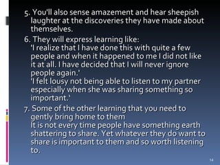 5. You'll also sense amazement and hear sheepish laughter at the discoveries they have made about themselves.  6. They will express learning like:  'I realize that I have done this with quite a few people and when it happened to me I did not like it at all. I have decided that I will never ignore people again.'  'I felt lousy not being able to listen to my partner especially when she was sharing something so important.‘ 7. Some of the other learning that you need to gently bring home to them  It is not every time people have something earth shattering to share. Yet whatever they do want to share is important to them and so worth listening to. 
