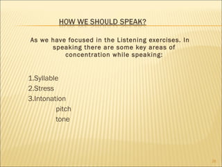 As we have focused in the Listening exercises. In speaking there are some key areas of concentration while speaking: 1.Syllable 2.Stress 3.Intonation pitch tone 