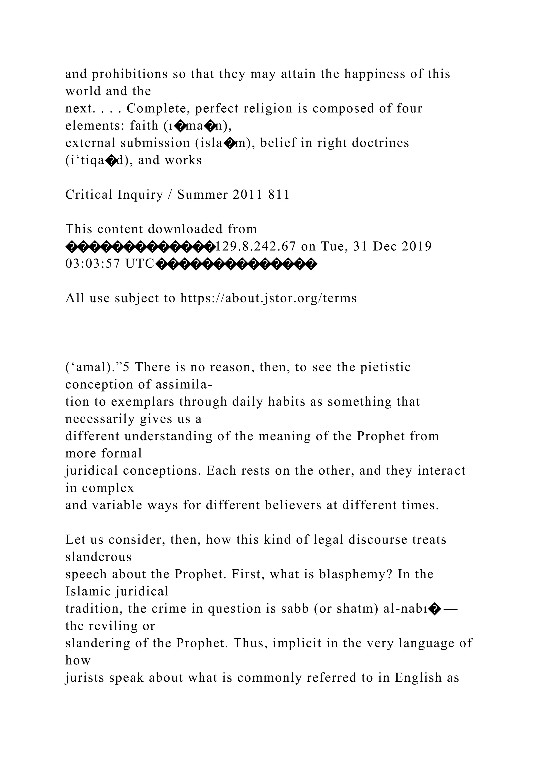 and prohibitions so that they may attain the happiness of this
world and the
next. . . . Complete, perfect religion is composed of four
elements: faith (ı�ma�n),
external submission (isla�m), belief in right doctrines
(i‘tiqa�d), and works
Critical Inquiry / Summer 2011 811
This content downloaded from
�������������129.8.242.67 on Tue, 31 Dec 2019
03:03:57 UTC��������������
All use subject to https://about.jstor.org/terms
(‘amal).”5 There is no reason, then, to see the pietistic
conception of assimila-
tion to exemplars through daily habits as something that
necessarily gives us a
different understanding of the meaning of the Prophet from
more formal
juridical conceptions. Each rests on the other, and they interact
in complex
and variable ways for different believers at different times.
Let us consider, then, how this kind of legal discourse treats
slanderous
speech about the Prophet. First, what is blasphemy? In the
Islamic juridical
tradition, the crime in question is sabb (or shatm) al-nabı� —
the reviling or
slandering of the Prophet. Thus, implicit in the very language of
how
jurists speak about what is commonly referred to in English as
 