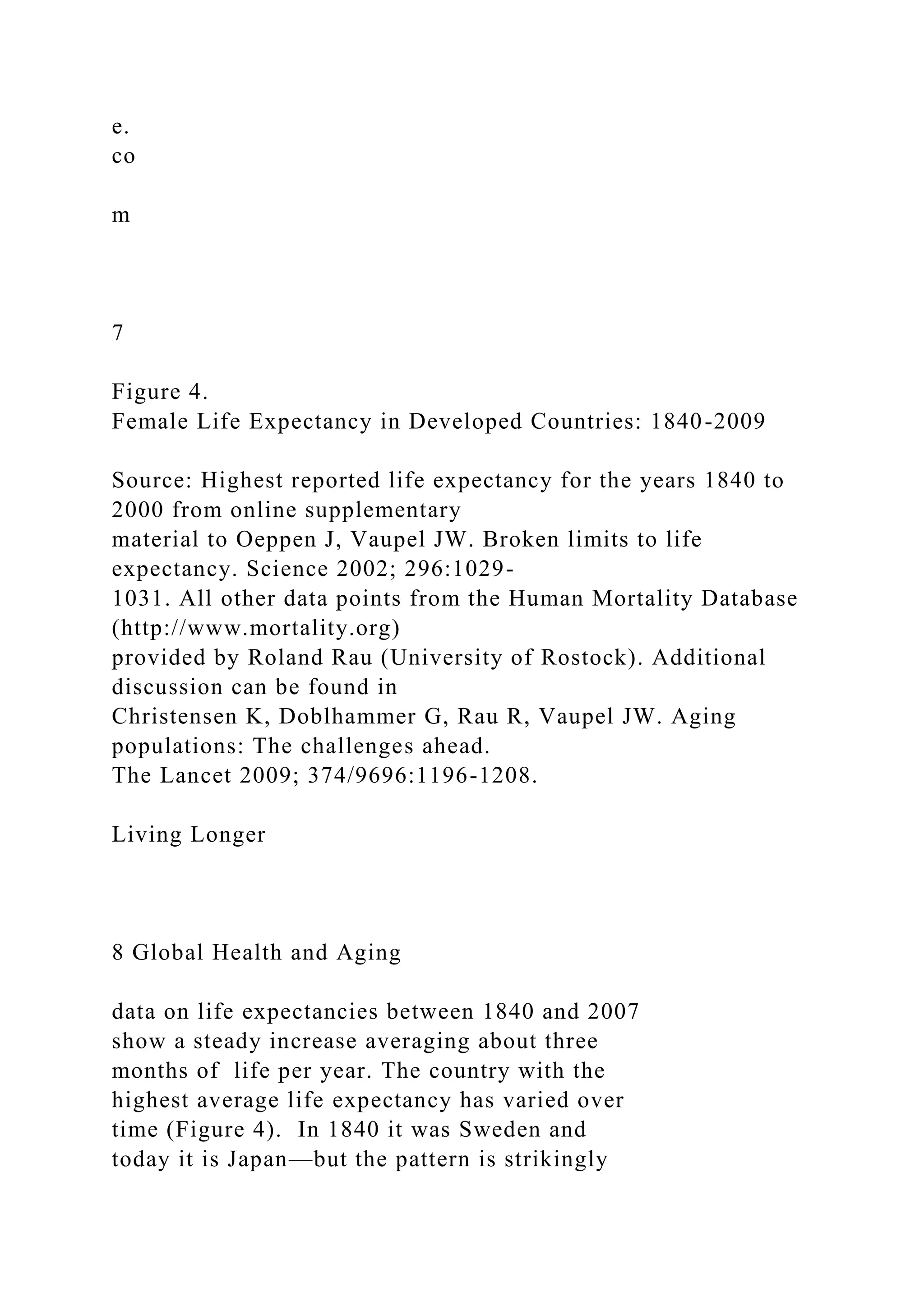 e.
co
m
7
Figure 4.
Female Life Expectancy in Developed Countries: 1840-2009
Source: Highest reported life expectancy for the years 1840 to
2000 from online supplementary
material to Oeppen J, Vaupel JW. Broken limits to life
expectancy. Science 2002; 296:1029-
1031. All other data points from the Human Mortality Database
(http://www.mortality.org)
provided by Roland Rau (University of Rostock). Additional
discussion can be found in
Christensen K, Doblhammer G, Rau R, Vaupel JW. Aging
populations: The challenges ahead.
The Lancet 2009; 374/9696:1196-1208.
Living Longer
8 Global Health and Aging
data on life expectancies between 1840 and 2007
show a steady increase averaging about three
months of life per year. The country with the
highest average life expectancy has varied over
time (Figure 4). In 1840 it was Sweden and
today it is Japan—but the pattern is strikingly
 