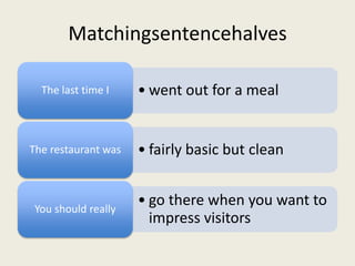 Matchingsentencehalves

  The last time I    • went out for a meal


The restaurant was   • fairly basic but clean


 You should really
                     • go there when you want to
                       impress visitors
 