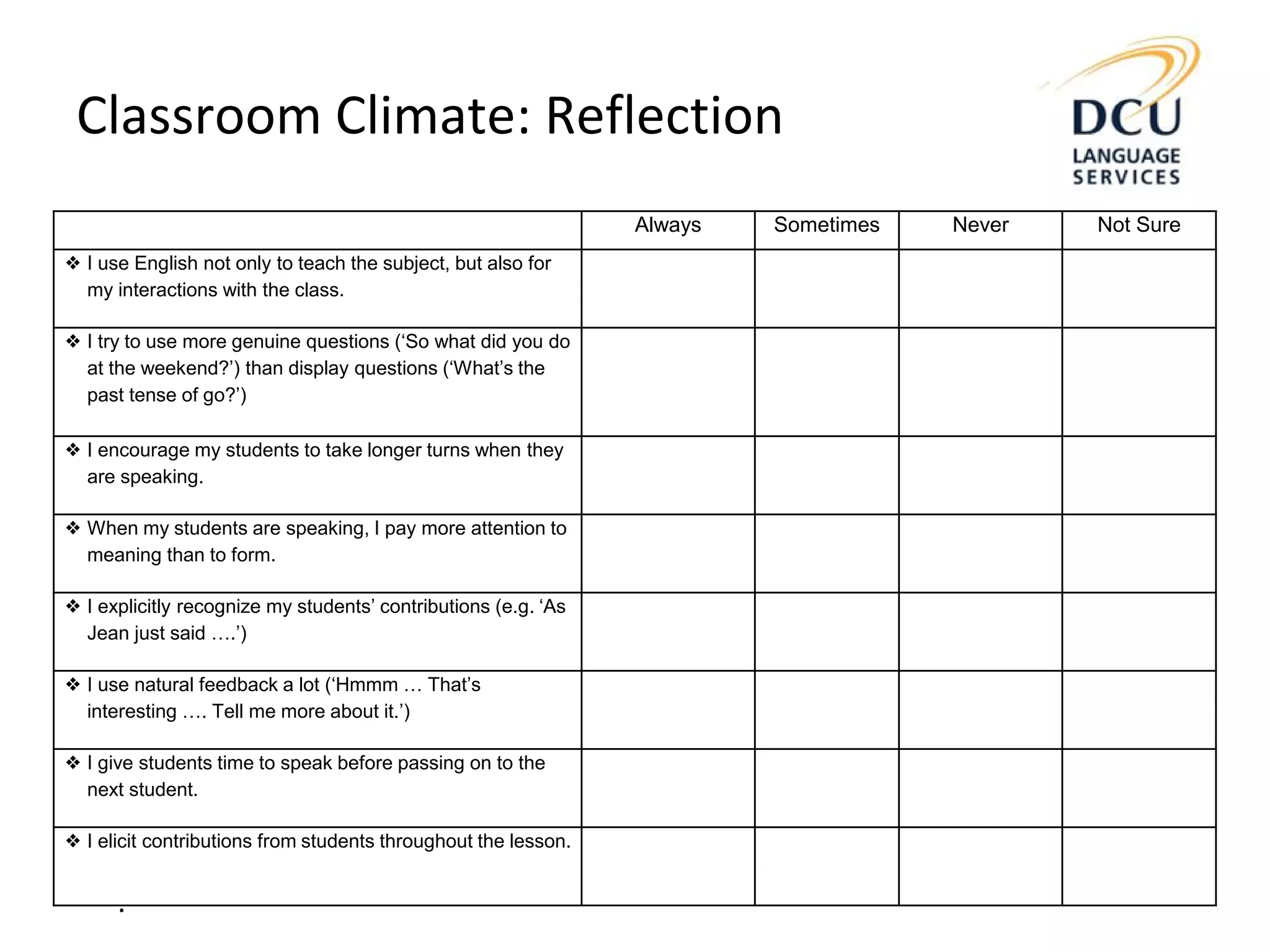 Classroom Climate: Reflection
Always Sometimes Never Not Sure
❖ I use English not only to teach the subject, but also for
my interactions with the class.
❖ I try to use more genuine questions (‘So what did you do
at the weekend?’) than display questions (‘What’s the
past tense of go?’)
❖ I encourage my students to take longer turns when they
are speaking.
❖ When my students are speaking, I pay more attention to
meaning than to form.
❖ I explicitly recognize my students’ contributions (e.g. ‘As
Jean just said ….’)
❖ I use natural feedback a lot (‘Hmmm … That’s
interesting …. Tell me more about it.’)
❖ I give students time to speak before passing on to the
next student.
❖ I elicit contributions from students throughout the lesson.
.
 