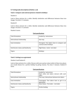 II. Testing tasks descriptions (Fulcher, n.d)
Task 1: Compare and contrast pictures related to holidays
Student A
Look at these pictures for a while. Identify similarities and differences between these two
images. You have 1 ½ minutes
Student B
Look at these pictures for a while. Identify similarities and differences between these two
images. You have 1 ½ minutes
Student A starts
Task specifications
Task Orientation Guided by instructions
Interactional relationship One-way
Goal orientation Divergent: Test takers have to compare and
contrast about holidays
Interlocutor status and familiarity High Status : tester- test taker
Topics Holidays
Task 2: Getting to an agreement
Student A and Student B
Look at these pictures for a while. Discuss with your partner about which of these two places
you would choose for a perfect holiday by giving reasons. You have 3 minutes. Student B
starts
Task specifications
Task Orientation Guided by instructions
Open when test takers interact with each
other
Interactional relationship Two-way: Interactions between test takers
Goal orientation Convergent: Test takers have to get to an
agreement
Interlocutor status and familiarity Same Status : Test taker – test taker
Topics Perfect holiday
 