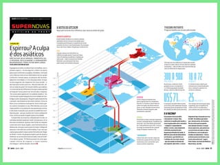É A GLIPE, NÉ?
Espirrou?Aculpa
édosasiáticos
A garganta arranha, os olhos ﬁcam vermelhos, vem o
primeiro espirro... No dia seguinte, a febre e as dores
pelo corpo conﬁrmam a suspeita. Parabéns, você está
com a doença mais comum desta época do ano: gripe!
Conforme o tempo passa, as pessoas vão sarando,
adquirem imunidade e o vírus da gripe some. Só que,
no ano seguinte, ele reaparece em nova versão – e
derruba todo mundo outra vez. Mas de onde vêm, aﬁ-
nal,asondasdegripe?Umestudoinédito,queanalisou
13 mil amostras do inﬂuenza (vírus que causa a gripe)
ao longo de 5 anos, parece ter encontrado a resposta.
“Os novos tipos aparecem no sudeste asiático”, diz
ColinRussell,epidemiologistadaUniversidadedeCam-
bridge e autor da pesquisa. Ninguém sabe exatamente
o porquê, mas Russell arrisca dois motivos. Como na
Ásia o vírus contamina muita gente, ﬁcaria mais sujei-
to a sofrer mutações no seu DNA (devido a erros de
cópia quando o vírus passa de uma pessoa para outra).
E são essas mutações que causam as epidemias mun-
diais de gripe – porque resultam em novos subtipos do
vírus, contra os quais ninguém possui imunidade.
Comparando as amostras coletadas pelo mundo, os
cientistas também puderam medir o tempo que o vírus
leva para se deslocar. Quanto mais fortes as relações
comerciais entre duas regiões, mais facilmente ele se
desloca de uma para outra (pois há maior tráfego de
pessoas e mercadorias contaminadas). É por isso que
a gripe passa pela Europa e pelos EUA antes de chegar
ao Brasil. O autor da pesquisa espera que ela ajude a
melhorar as vacinas (leia texto ao lado), mas acha difí-
cil erradicar a gripe. “O inﬂuenza parece ter uma capa-
cidade infinita de enganar o nosso sistema
imunológico”, admite Russell. Atchim!
N O T í c i a s D O F R O N T
EDIÇÃO BRUNOGARATTONI (bruno.garattoni@abril.com.br)
NÃO ACUSE SEUS AMIGOS, PARENTES OU
O PESSOAL DO ELEVADOR; O VERDADEIRO
RESPONSÁVEL PODE ESTAR BEM LONGE.
TEXTO CÍNTIA CRISTINA DA SILVA
set
out
nov
dez
jan
fev
mar
abr
mai
Infográfico Gabriel Gianordoli
SUDESTEASIÁTICO
A diversidade climática e os centros urbanos
apinhados fazem com que essa região seja a
incubadora perfeita para o surgimento de novas
variantes do vírus e sua disseminação. Os principais
focos são China, Taiwan, Hong Kong e Coréia do Sul.
EUA
A gripe começa a se intensificar na
Califórnia (região oeste), Texas (sul), Nova
York e Pensilvânia (nordeste) e explode por
todo o país – onde o consumo do remédio
Oseltamir, que mata parte dos vírus,
pode acabar estimulando mutações.
AROTADOATCHIM
Veja o percurso do vírus influenza, que causa as ondas de gripe.
meses
32 | SUPER | JULHO | 2008
SUPER-SUPER-SUPER-33-01/07/08-Composite-FMIRANDA-17/06/0816:29-03_CAD
EAVACINA?
Ela promete eficácia de 80%
e duração de 12 meses. Mas,
conforme se espalha pelo mundo, o
vírus da gripe pode sofrer mutações
– e adquirir a capacidade de
driblar a vacina, cuja composição
é definida anualmente pela
Organização Mundial da Saúde. A
OMS tem uma rede de laboratórios
em 94 países, que identifica os
3 subtipos de vírus mais comuns
– que são usados na fórmula do
ano seguinte. Quer dizer: a vacina
de pessoas, a cada ano, ficam
gripadas (o que corresponde a
5 a 15% da população mundial).
Dessas, 250 mil a 500 mil morrem.
é o tempo em que, depois que
uma pessoa é contaminada pelo
vírus, começam a aparecer os
primeiros sintomas.
foi o número de mortos pela gripe
espanhola, que se espalhou em
1918 e 1919 e é considerada a
pior epidemia de gripe da história.
é o prejuízo causado todos os anos,
só nos EUA, pelas epidemias de gripe
(somando gastos hospitalares e dias
de trabalho perdidos pelos doentes).
18A72HORAS
300A900MILHÕES
25MILHÕESUS$71BILHÕES
Três tipos de vírus influenza circulam pelo mundo.
O tipo A é o mais comum. Ele tem diversos subtipos
(mutações) – cada um deles está representado por
uma cor diferente no mapa acima.
FontesTheGlobalCirculationofSeasonalInfluenza(2008),SeasonalityofInfluenzainBrazil(2007),
EuropeanInfluenzaSurveillanceScheme(EISS),OrganizaçãoMundialdaSaúdeegovernodosEUA.
disponível hoje é baseada em vírus
de 2007. Os médicos garantem
que, mesmo assim, ela funciona.
Mas já existe quem proponha
uma solução extrema: a criação
de um supervírus, que juntaria as
características de todos os tipos
de influenza e seria usado para
estudos em laboratório. “Seria o
primeiro passo em direção a uma
vacina mais universal”, sugere
Peter Palese, da Escola de Medicina
Mount Sinai, nos EUA.
TURISMOMUTANTE
Praga se modifica ao circular pelo mundo.
EUROPA
O vírus chega na virada do ano,
que é a época mais fria. A epidemia
dura de 2 a 4 meses e ataca todos os
países da região. Na última onda de
gripe, os mais afetados foram Grécia,
Holanda e Irlanda (ninguém sabe
exatamente o porquê).
BRASIL
Os primeiros casos começam a aparecer
em abril, na Região Norte. A epidemia vai
descendo, com velocidade aproximada
de 1 500 quilômetros por mês, e alcança
seu auge na metade do ano, quando
chega às Regiões Sudeste e Sul.
“HERMANOS”
O Brasil não sofre sozinho: depois de
herdarmos a gripe do Peru e do Chile,
repassamos esse “presentão” para
nossos vizinhos argentinos.
JULHO | 2008 | SUPER | 33
 