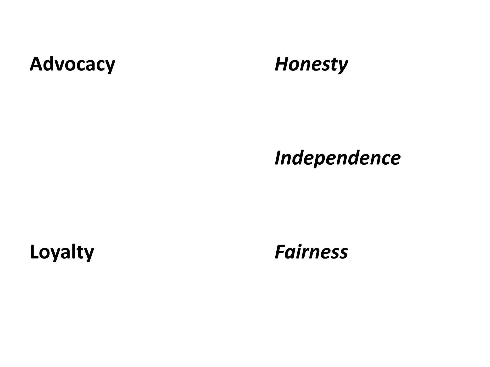 Advocacy   Honesty



           Independence



Loyalty    Fairness
 