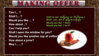 shall က can ထက္ပိုယဥ္း်းေးက်းပါတယ္ ။
Shall , can ,will ေးနာကက to မလပိုက္ါ။
Would you like + Noun
Would you like + to V1
 