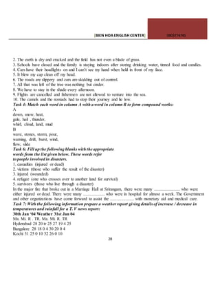 [BIEN HOAENGLISHCENTER] 0903774745
28
2. The earth is dry and cracked and the field has not even a blade of grass.
3. Schools have closed and the family is staying indoors after storing drinking water, tinned food and candles.
4. Cars have their headlights on and I can’t see my hand when held in front of my face.
5. It blew my cap clean off my head.
6. The roads are slippery and cars are skidding out of control.
7. All that was left of the tree was nothing but cinder.
8. We have to stay in the shade every afternoon.
9. Flights are cancelled and fishermen are not allowed to venture into the sea.
10. The camels and the nomads had to stop their journey and lie low.
Task 4: Match each word in column A with a word in column B to form compound works:
A
down, snow, heat,
gale, hail , thunder,
whirl, cloud, land, mud
B
wave, stones, storm, pour,
warning, drift, burst, wind,
flow, slide
Task 6: Fill up the following blanks with the appropriate
words from the list given below. These words refer
to people involved in disasters.
1. casualties (injured or dead)
2. victims (those who suffer the result of the disaster)
3. injured (wounded)
4. refugee (one who crosses over to another land for survival)
5. survivors (those who live through a disaster)
In the major fire that broke out in a Marriage Hall at Srirangam, there were many ........................ who were
either injured or dead. There were many .................... who were in hospital for almost a week. The Government
and other organizations have come forward to assist the ...................... with monetary aid and medical care.
Task 7: With the following information prepare a weather report giving details of increase / decrease in
temperatures and rainfall for a T. V news report:
30th Jan ‘04 Weather 31st Jan 04
Ma. Mi. R . TR. Ma. Mi. R. TR
Hyderabad 28 20 tr 25 27 19 4 25
Bangalore 28 18 0 4 30 20 0 4
Kochi 31 25 0 10 32 26 0 10
 