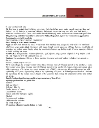 [BIEN HOAENGLISHCENTER] 0903774745
40
5. One who has tooth ache
III. Everyone is an individual in his/her own right. Each has his/her name, traits, mental make-up, likes and
dislikes, etc. All these go to make one’s identity. Individuals are not the only ones who have their identity.
Medicines too have theirs! Great care is to be taken in identifying them, as even trivial errors could prove fatal.
The following is the literature that is attached to VICKS VapoRub. It gives the composition, application,
formula, etc. Look at it carefully.
DECONGESTANT VAPORIZING OINTMENT
For a feeling of relief within minutes
Apply on the Chest, Throat and Back. 3-way relief from blocked nose, cough and body ache. For immediate
relief from severe colds, inhale the vapors with steam. Simply melt 2 teaspoons of Vapo Rub in a bowl ¾ full of
steaming, not boiling water. Gently inhale the mentholated vapors and feel the relief. Closely supervise children
to avoid scalding and bums.
FORMULA: 100 gcontains: Pudinahkephool2.82 g; Karpoor 5.25 g; Ajowan ke phool 0.10 g; Tarpin ka tel
5.57 ml; Nilgiri tel 1.49 ml; Ointment base q.s.
Caution: Use as directed. If fever or illness persists for over a week or if sufferer is below 2 yrs, consult a
doctor.
Source: A 1961 study in the US4
At 45 years of age, the average woman whose blood pressure was 120/80 could expect to live another 37 years.
The woman whose blood pressure was 130/90 could expect to live another 35.5 years, which represented a loss
oflife expectation of 1.5 years. At a blood pressure level of 140/95, the average 45-year-old woman had a life
expectancy of 32 years, representing a loss of life expectancy of 5 years. At a blood pressure level of 150/1 00,
life expectancy for the woman was 28.5 years or 8.5 years less than average life expectancy at that time for her
age group.
Task 2:Look at the following graphical representation of data. Write
a paragraph based on the given data.
Tobacco
Diet and obesity
Sedentary lifestyle
Family history of cancer
Occupational factors
Viruses and other biological agents
Alcohol
Environmental pollution
UltThomasolet radiation
0 5 10 15 20 25 30
(Percentage of cancer deaths linked to risk)
 