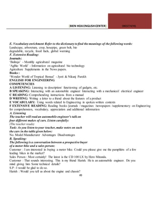 [BIEN HOAENGLISHCENTER] 0903774745
49
E. Vocabulary enrichment Refer to the dictionary to find the meanings of the following words:
Landscape, arboretum, crop, hosepipe, green belt, bio
degradable, recycle, fossil fuels, global warming
F. Extensive Reading:
Journals:
‘Baliraja’ - Monthly agricultural magazine
‘AgBio World’ - Information on agricultural bio technology
Agriculture Supplements in the News papers.
Books :
‘Wonder World of Tropical Bonsai’ - Jyoti & Nikunj Parekh
ENGLISH FOR ENGINEERING
COMPETENCIES
A LISTENING: Listening to description/ functioning of gadgets, etc.
B SPEAKING: Interacting with an automobile engineer Interacting with a mechanical/ electrical engineer
C READING: Comprehending instructions from a manual
D WRITING: Writing a letter to a friend about the features of a product
E VOCABULARY: Using words related lo Engineering in spoken written contexts
F EXTENSIVE READING: Reading books /journals / magazines /newspapers /supplementary on Engineering
for comprehension, vocabulary, appreciation and additional information
A. Listening
The teacher will read an automobile engineer’s talk on
four different makes of cars. Listen carefully:
(The teacher reads)
Task: As you listen to your teacher, make notes on each
the cars in the table given below:
No. Model Manufacturer Advantages Disadvantages
B. Speaking:
The following is a conversation between a prospective buyer
of a motor bike and a sales person:
Customer : I am interested in buying a motor bike. Could you please give me the pamphlets of a few
leading bikes in the market?
Sales Person : Most certainly! The latest is the CD 100 LX by Hero Miranda.
Customer : That sounds interesting. This is my friend Harish. He is an automobile engineer. Do you
mind giving him Some technical details?
S.P : I would be glad to do so.
Harish : Would you tell us about the engine and chassis?
 