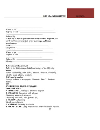 [BIEN HOAENGLISHCENTER] 0903774745
64
: .........................................................................
Whom to see : .........................................................................
Purpose of visit : .........................................................................
: .........................................................................
Referred by : .........................................................................
2. You are to meet a sponsor who is a top business magnate. He/
she is not in when you visit. Leave a message seeking an
appointment:
Name : .........................................................................
Designation : .........................................................................
: .........................................................................
Whom to see : .........................................................................
Purpose of visit : .........................................................................
..........................................................................
Referred by : .........................................................................
Message : .........................................................................
..........................................................................
E. Vocabulary Enrichment
Refer to the dictionary to find the meanings of the following
words:
bullion, dear money, debt, deficit, inflation, deflation, monopoly,
subsidy, asset, liability, inventory
F. Extensive reading
Business column in newspapers, ‘Economic Times’, ‘Business
Today’.
147
ENGLISH FOR LEGAL PURPOSES
COMPETENCES
A LISTENING: Listening to unfamiliar register
B SPEAKING: Interacting with a lawyer
Discussing a case with someone
Discussing road rules, laws, penalty, etc,
C READING; Scanning
Literal comprehension
D WRITING: Preparing a write-up
E VOCABULARY: Using words related to law in relevant spoken
 