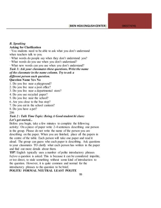[BIEN HOAENGLISHCENTER] 0903774745
99
B. Speaking
Asking for Clarification
· You students need to be able to ask what you don’t understand
when teachers talk to you.
· What words do people say when they don’t understand you?
· What words do you use when you don’t understand?
· What new words can you use when you don’t understand?
Task 1: Ask your classmates these questions. Write the name
of the classmate in the name column. Try to ask a
different person each question.
Question Name Yes No
1. Do you live near a playground?
2. Do you live near a post office?
3. Do you live near a departmental store?
4. Do you use recycled paper?
5. Do you live near the school?
6. Are you close to the bus stop?
7. Do you eat in the school canteen?
8. Do you have a pet?
206
Task 2 : Talk Time Topic: Being A Good student hi class:
Let’s get started...
Before you begin, take a few minutes to complete the following
activity: On a piece of paper write 2-4 sentences describing one person
in the group. Please do not write the name of the person you are
describing on the paper. When you are finished, place all the papers in
the centre of the table. Each person will take one paper and read it
aloud. The group can guess who each paper is describing. Ask questions
to your classmates TO clarify what each person has written in the paper
and find out more details about them.
TIP! English typically uses a number of polite introductory phrases
before a question is asked. This is because it can be considered impolite,
or too direct, to stale something without some kind of introduction to
the question. However, it is quite common and normal for the
introductory phrases to the question to be brief,
POLITE/ FORMAL NEUTRAL LEAST POLITE
 