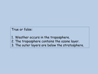 True or false:
1. Weather occurs in the troposphere.
2. The troposphere contains the ozone layer.
3. The outer layers are ...