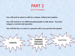 PART 2
(2 or 3 minutes)
You will each be asked to talk for a minute without interruption.
You will each have two different photographs to talk about. You must
compare, contrast and speculate.
You will also have to answer a question after your partner has spoken.
1 MINUTE
COMPARE
CONTRAST
SPECULATE
QUESTION
 
